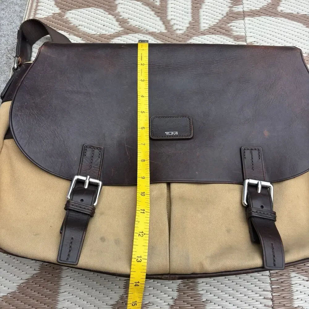 Vintage TUMI TownHouse Wilton Messenger Bag Khaki Leather Canvas 24270KH Worn